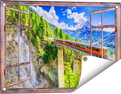 Gards Tuinposter Doorkijk Trein op een Brug bij een Waterval in Zwitserland - 60x40 cm - Tuindoek - Tuindecoratie - Wanddecoratie buiten - Tuinschilderij
