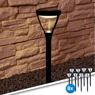 Solar tuinlamp prikspot 'Birdie' - Set van 8 - 45 cm hoog - Warm wit (3000K) - IP44 - Met schemersensor - Staande lamp op zonne-energie - Zwart