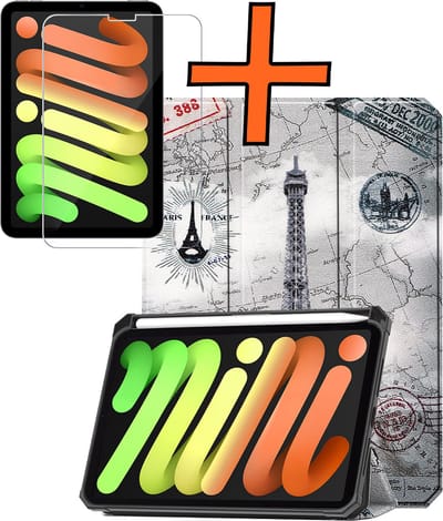 Hoesje - Geschikt voor Apple iPad Mini 7 (2024) - 8.3 inch - 7e Generatie - Met Screenprotector - Trifold Bookcase - Hard Cover Case - Met Uitsparing Geschikt voor Apple Pencil - Hardcover Book - Tablet Hoes - Eiffeltoren