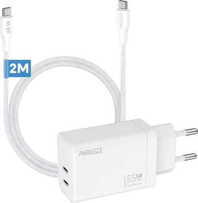 Phreeze usb C oplader 65w met usb C naar usb C kabel 2 meter - Power Delivery snellader met 2 usb C poorten voor laptop en telefoon