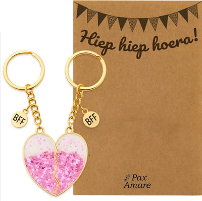 BFF Sleutelhanger voor 2 'Hiep Hiep Hoera' - Roze Glitter Hartje - Sleutelhanger set op Cadeau Kaartje - Goudkleurig - Verjaardags Hanger - Pax Amare