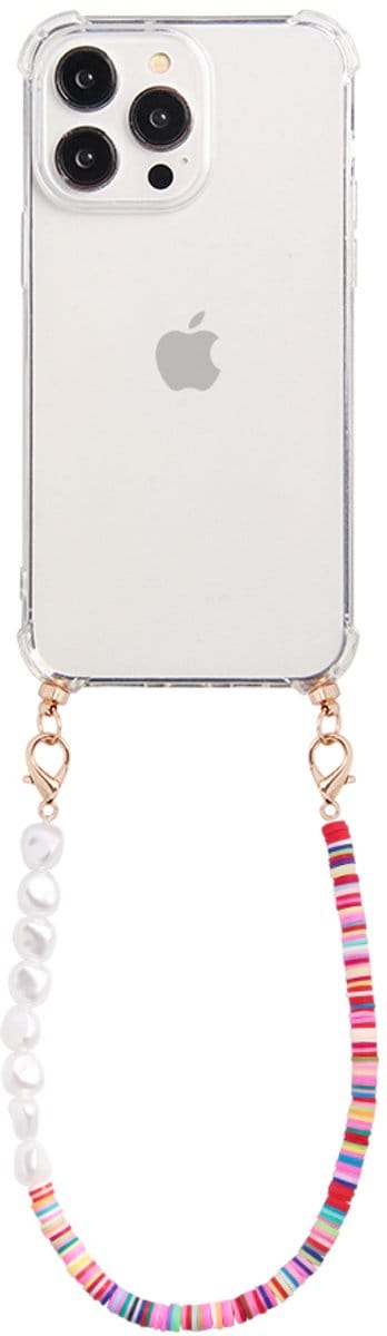Casies hoesje geschikt voor Apple iPhone 17 met koord - Kleurrijke kralen en parel mix ketting - short size - Cord Case Candy Beads Pearl
