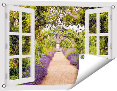 Gards Tuinposter Doorkijk Lavendel Pad - 60x40 cm - Tuindoek - Tuindecoratie - Wanddecoratie buiten - Tuinschilderij