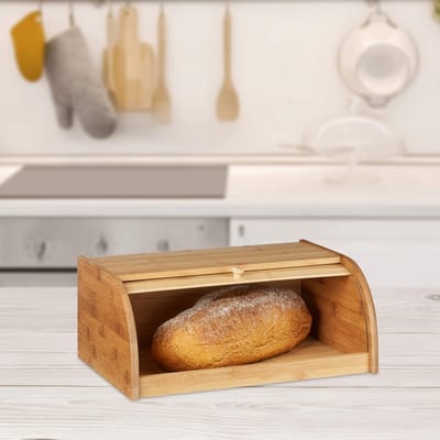 Famanu - Brooddoos bamboe hbd: ca 16 5 x 40 x 27 5 cm met rolluik behoud van aroma voor brood en gebak natuur | Luxe opberger, modern design voor keuken en dagelijks gebruik