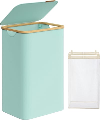 FurnStar - Wasmand met deksel - wasverzamelaar 90 l - uitneembare waszak - Oxford-weefsel - handgrepen van bamboe - inklapbaar - 42 x 32 x 70,5 cm - Mintgroen