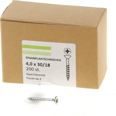 Hoenderdaal Spaanplaatschroef verzinkt platverzonken kop PZ2 deeldraad 4.0X30/18 (per 200 stuks)