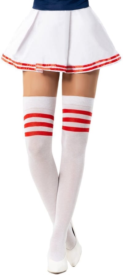 Partychimp Voordeelverpakking 6 pack Cheerleader Overknee Kousen voor bij Cheerleader Kostuum Dames Carnaval Carnavalskleding Dames Carnaval Accessoires Verkleedkleren Volwassenen - Wit/Rood- Katoen/Polyamide/Elastaan - One-Size - 6 pack