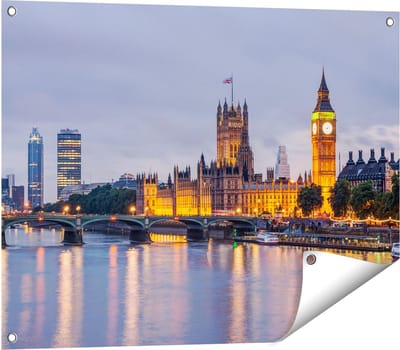 Gards Tuinposter London Big Ben en Westminster Brug - 80x60 cm - Tuindoek - Tuindecoratie - Wanddecoratie buiten - Tuinschilderij