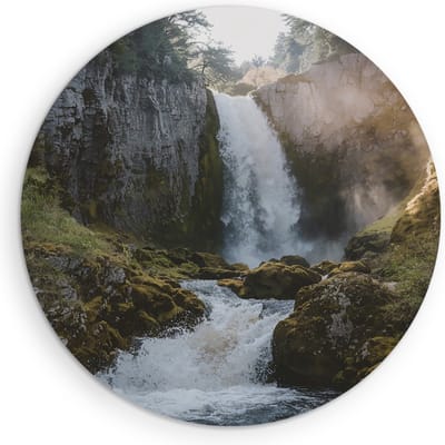 Saammp Muurcirkel Hout - Waterval tussen de rotsen - Bos - Landschap - Natuur - Ø 90 - Wandcirkel - Wanddecoratie Cirkel - Muurdecoratie Woonkamer - Slaapkamer decoratie - Rond Schilderij