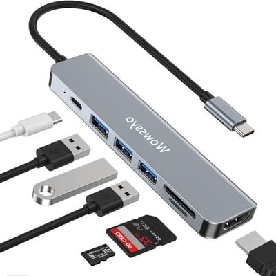 Thijox - USB C HDTV Hub 7 in 1 Adapter met 4K HDMI, 3 USB 3.0 Poorten, USB 2.0, SD/TF Kaartlezer en 87W PD Opladen voor Macbook, Laptop en Type C Appa