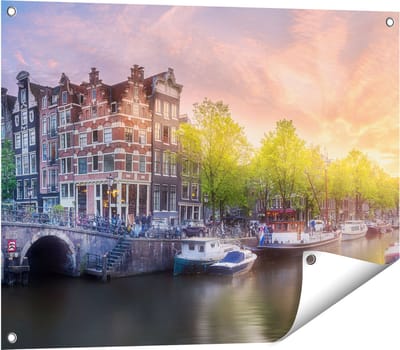 Gards Tuinposter Amsterdamse Grachten - 80x60 cm - Tuindoek - Tuindecoratie - Wanddecoratie buiten - Tuinschilderij