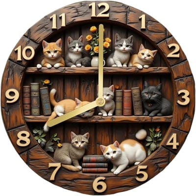 Wandklok - Vintage kattenwandklok - 30 cm - Rond - Houten wandklok - Geschikt voor boekenplanken of muren - Stil ontwerp - Geen tikgeluid - Decoratieve wandklok met kattenthema - Past in woonkamers, slaapkamers of landelijke interieurs