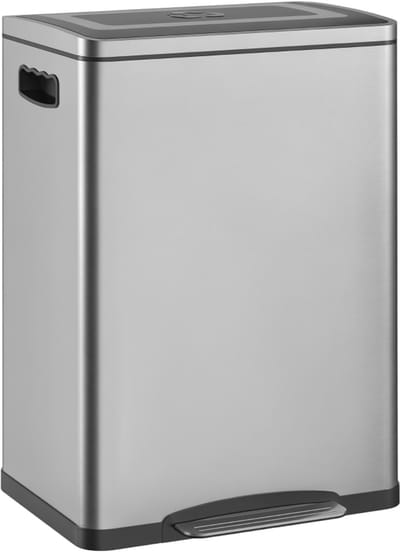 TEKROA® Prullenbak Afvalscheiding 40 Liter - 2 Vakken van 20 Liter - Vuilnisbak met Pedaal & Handvatten - Uitneembare Binnenemmers - Roestvrij staal - Soft-Close Deksel - Zilver