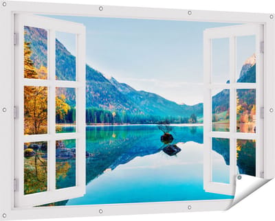 Gards Tuinposter Doorkijk Meer met Herfstbomen - 150x100 cm - Tuindoek - Tuindecoratie - Wanddecoratie buiten - Tuinschilderij
