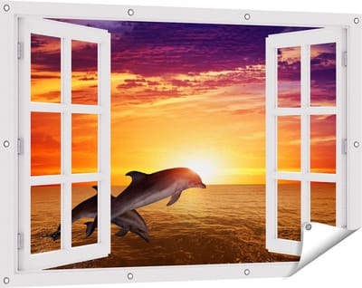 Gards Tuinposter Doorkijk Twee Dolfijnen bij de Zonsondergang - 120x80 cm - Tuindoek - Tuindecoratie - Wanddecoratie buiten - Tuinschilderij
