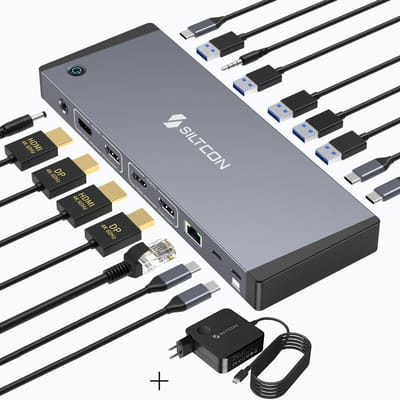 Siltcon® 17 in 1 - Hybrid Docking Station Laptop USB-C & USB-A – USB C Hub - 2x Display Link (DP) & 2x HDMI 4K 60Hz – 100W Thunderbolt 4 - RJ45 gigabit –5x USB-A 3.2 – 5x USB-C 3.2 - Plug & Play – Incl. 100W USB-C Adapter - MST Functie Mac