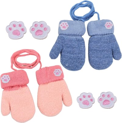 Set van 2 Babyhandschoenen met Koord en 4 Kattenpootjes Patches, Warm Gebreide Handschoenen voor 0-3 Jaar, Verliesbescherming Koord voor Om de Hals, Knuffelbare Babyaccessoires