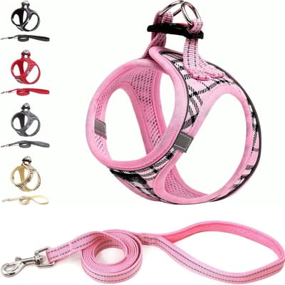 Famanu – Hondentuig voor kleine honden met riem - anti-trektuig Reflecterend ademend borsttuig - puppytuig voor kleine - middelgrote honden (M - Roze geruit)