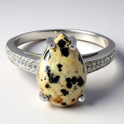 Cavill - Zilveren ring met Dalmatiër Jaspis 4,18 ct - 925 Sterling Zilver - Peervormige Cabochon - Elegante damesring met Cambodjaanse Zirkonen