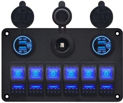 ProRide Schakelpaneel 12V voor Auto/Boot - 4 USB Poorten met Schakelaar - QC3.0 - PUSB1QC-B - 6 schakelaars + 12V/24V stopcontact