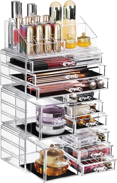 4 in 1 XXL Make-up Organizer, cosmetica organizer met 11 lades en 15 vakken in verschillende maten, anti-slip inzetstukken, voor make-up en sieraden, transparant JKA017TP