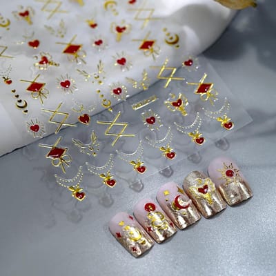 8 Vellen Nagelstickers met Maan, Ster en Zon - Decoratieve Accessoires voor Nagelkunst en Make-up, 4 Ontwerpen in Goud, 2 Vellen per Ontwerp
