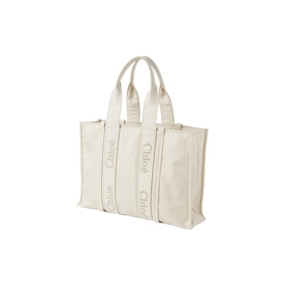 Chloe Woody Iconisch Geborduurd Logo Effen Gerecycled Nylon Tote Tas Dames tote tassen Ivoor-Grijs CHC23-WS382L41-22M Basic Set (Bag+Dust Bag) beige