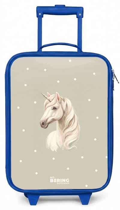 NoBoringSuitcases.com® - Kinderkoffer blauw - Kindertrolley jongen - Eenhoorn omringd door stippen in neutrale kleuren - Koffer kind lichtgewicht - Reiskoffer trolley voor kinderen - Koffertje met lichtgevende wieltjes - Rolkoffer