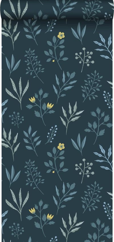 ESTAhome behang bloemmotief in Scandinavische stijl donkerblauw en okergeel - 53 cm x 10.05 m - 139082