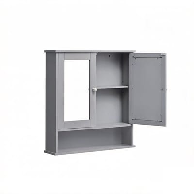 Badkamerkast, wandkast, opbergkast, wandgemonteerde opbergunit met 1 open vak, 2 spiegeldeuren en verstelbare legplank, stevig en duurzaam metalen frame, geschikt voor badkamer, 56 x 13 x 58 cm, Grijs