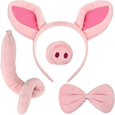 Complete set van 4 delen voor varkenskostuum met roze oren, neus, staart en strik voor Halloween en verkleedpartijen voor kinderen en volwassenen