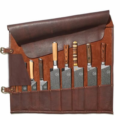 Witloft Classic leren messentas met 9 vakken - Handgemaakt - Premium rundleer - Oprolbare Messenrol / Messenmap - Draagbaar met band - Donkerbruin