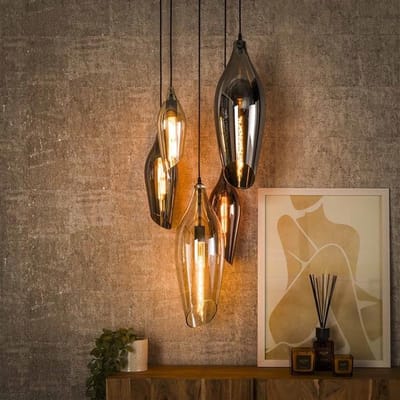 PS-Collection Cocoon Getrapte 5L Hanglamp - 60x60x200 cm - Amber/Koper/Chroom - Glas - hanglampen eetkamer, hanglamp zwart, hanglampen woonkamer, hanglamp slaapkamer, hanglamp rotan, hanglamp hout, hanglamp industrieel