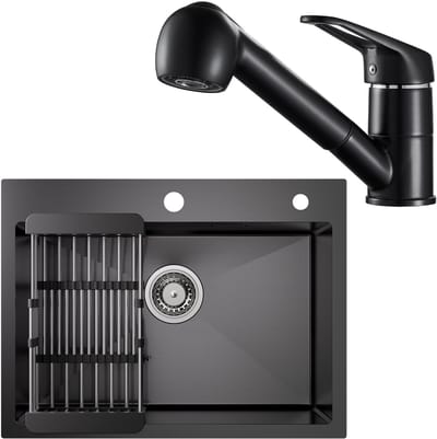 CECIPA max Handgemaakte RVS Spoelbak - Met keukenkraan met uittrekbare uitloop - Spoelbak Antraciet 60x45CM - Spoelbak Keuken Met Afdruiprek - Met Kraangat