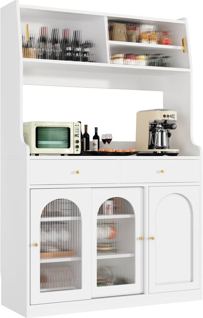 Keukenkast, hoge kast, vitrinekast, buffetkast met verstelbare planken, eetkamer-kast met 2 laden, sideboard met LED-verlichting, instelbare lichtkleuren, Wit