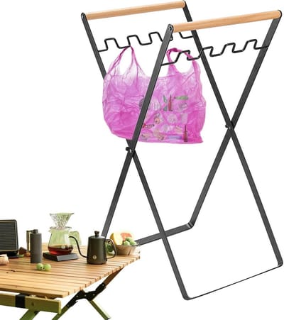 Stevige Afvalzakhouder met Houten Handvat - Draagbaar Vuilniszakrek voor Tuin en Camping