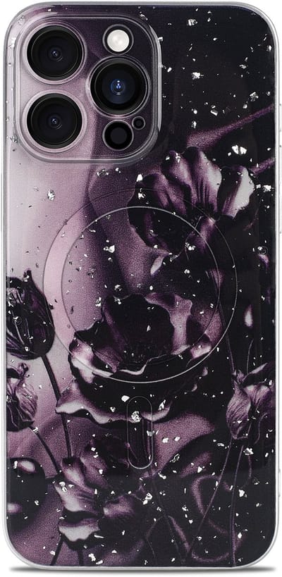 Casemania Hoesje Geschikt voor Apple iPhone 12 Pro - Donker Paars - Bloemen Glitter Back Cover met Camera Bescherming - Geschikt voor MagSafe