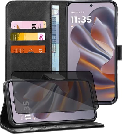 Hoesje geschikt voor Motorola Edge 50 Neo / Edge 60 Neo / Thinkphone 25 - Privacy Screenprotector Volledig Dekkend Glas - Portemonnee Book Case Zwart