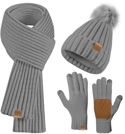 Dailygoods- Damesmuts Winterset - Fleece Gevoerde Muts - Sjaal - Touchscreen Handschoenen - Grijs - Hoedmaat 30 x 24 cm