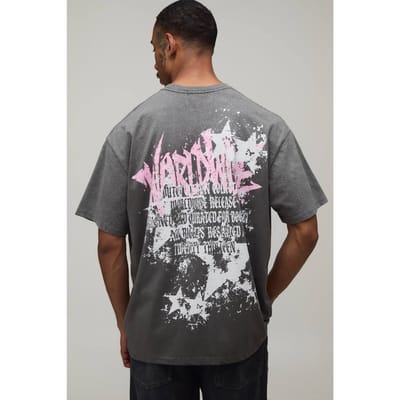 Antraciet Oversized Ster Graffiti Print Spray Wash T-shirt | Charcoal | Size Large