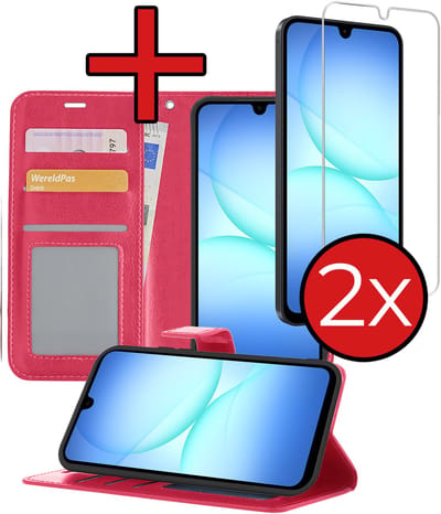 Hoesje - Met 2x Screenprotector - Geschikt voor Samsung Galaxy A17 - Luxe Pasjeshouder - Flip Case - Bookcase Portemonee - Kunstleer Book Case - Flipcase Hoes - Book Cover - Walletcase - Portemonneehoes - Telefoonhoes - Donkerroze