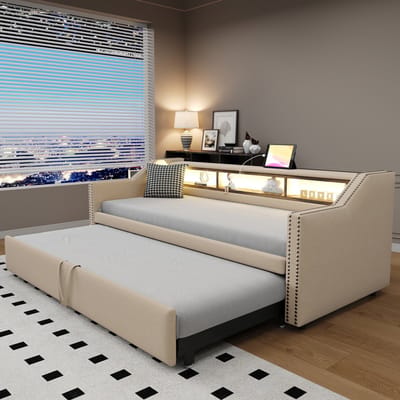 Wishdor – Slaapbank 90/180x190 cm – Met Uitschuifbed, LED & USB – Inclusief Opbergnissen – Slimme Ruimtebesparing – Linnen – Beige