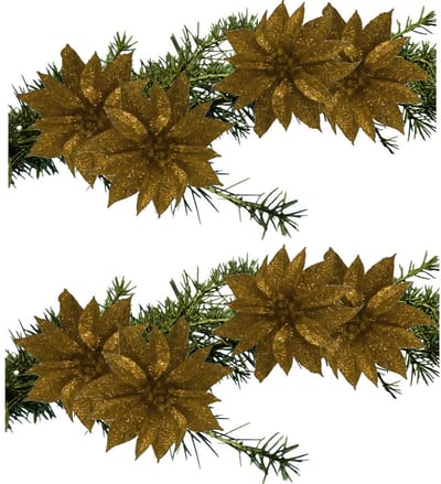 Kerstboomversiering Bloemen - 8x stuks - 9 cm - goud glitter - op clip