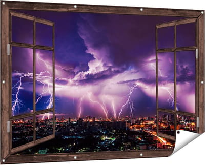 Gards Tuinposter Doorkijk Blikseminslag op een Stad in het Paars - 150x100 cm - Tuindoek - Tuindecoratie - Wanddecoratie buiten - Tuinschilderij