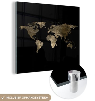 ® Glasschilderij 90x90 cm - Schilderij acrylglas - Wereldkaart - Luxe - Goud - Foto op glas - Muurdecoratie woonkamer - Wanddecoratie slaapkamer - Schilderijen