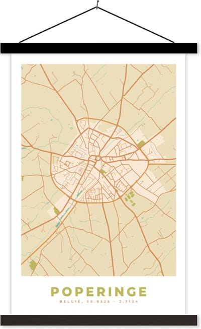 Posterhanger incl. Poster 40x60 cm - Schoolplaat - Vintage - Kaart - Plattegrond - Poperinge - Stadskaart - Textielposter - Zwarte latten - Stadskaart