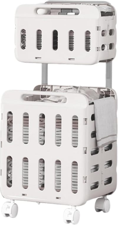 Rollende Wasmand - Wasmand op wielen - Kleding Sorteren - Dubbellaags Ontwerp - 41 x 47 x 14 cm - Wit