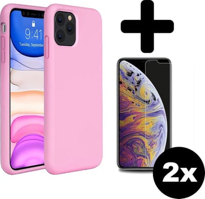 Hoesje - Met 2x Screenprotector - Geschikt voor Apple iPhone 11 Pro - Sterk & Shockproof - Telefoon Hoes - Back Cover - Siliconen Case - Telefoonhoes - Roze