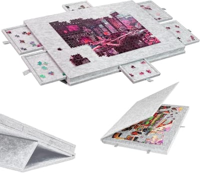 SnelShoppen - Vouwbare Puzzelbord 1000 Stukken met 6 Laden, 2-in-1 Deksel en Puzzelstandaard, Grijze Puzzeltafel voor Jigsaw Puzzels, Geschikt voor Th