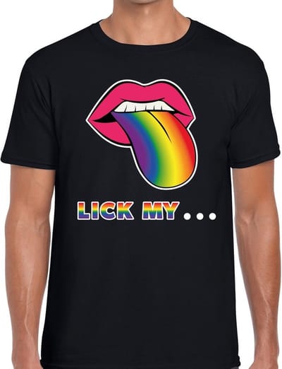 Lick my... gaypride t-shirt - zwart shirt met mond/ tong in regenboog kleuren voor heren - Gay pride S